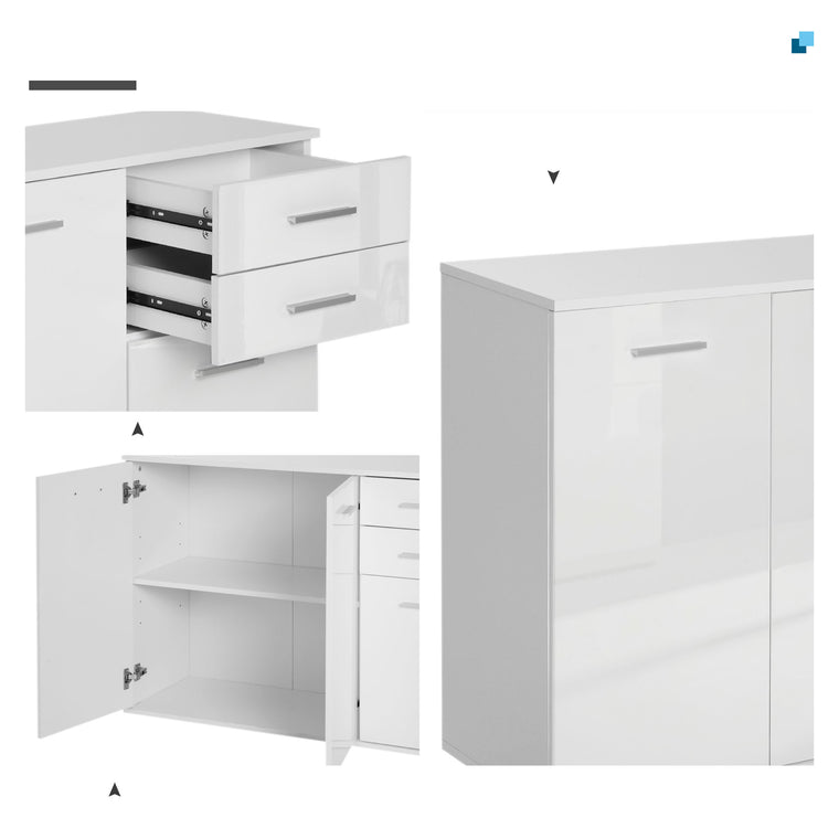 High Gloss Sideboard with 2 Drawers and 3 Doors - White