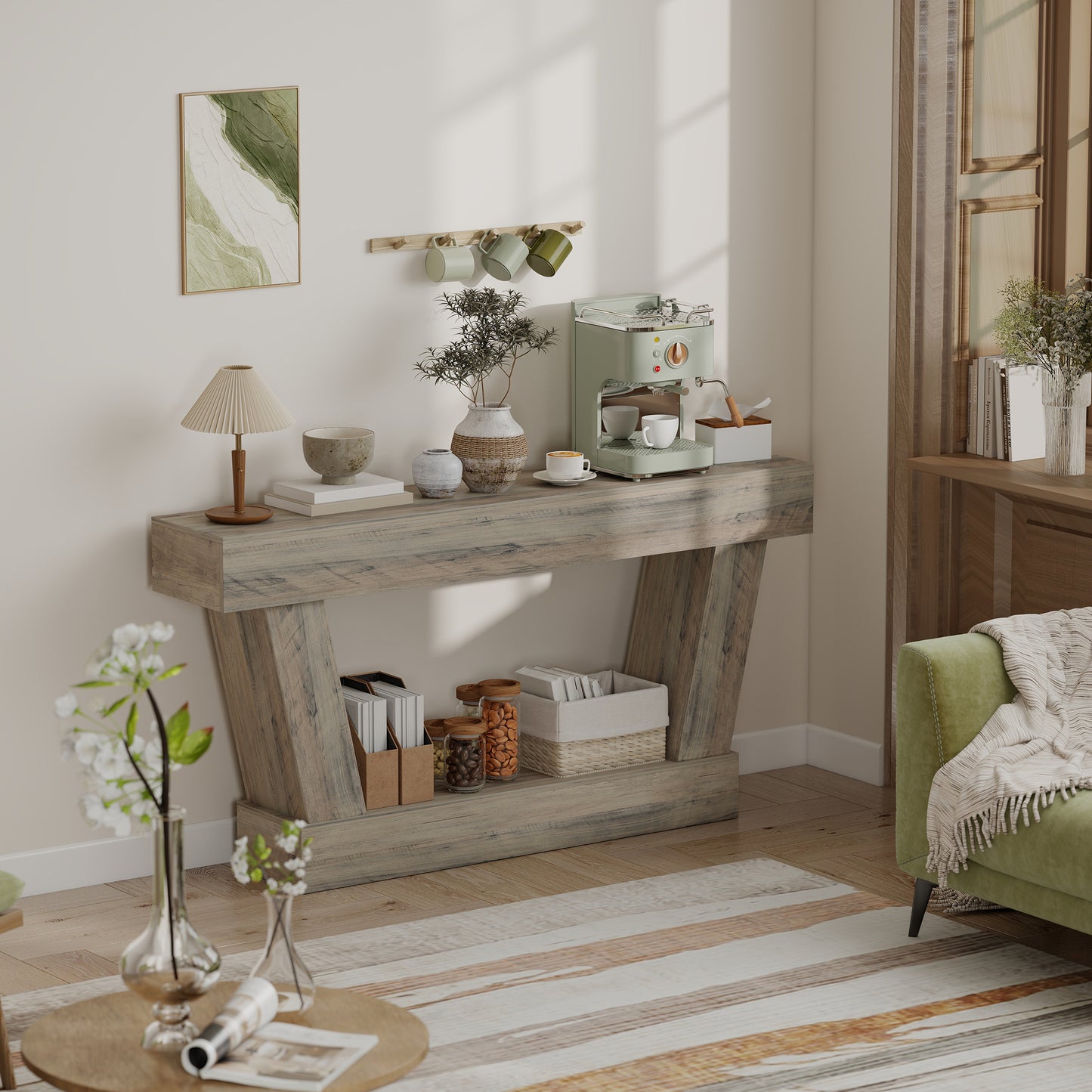 63 Inch Vintage Console Table, Narrow Entryway Table with Open Shelf for Living Room, Light Brown