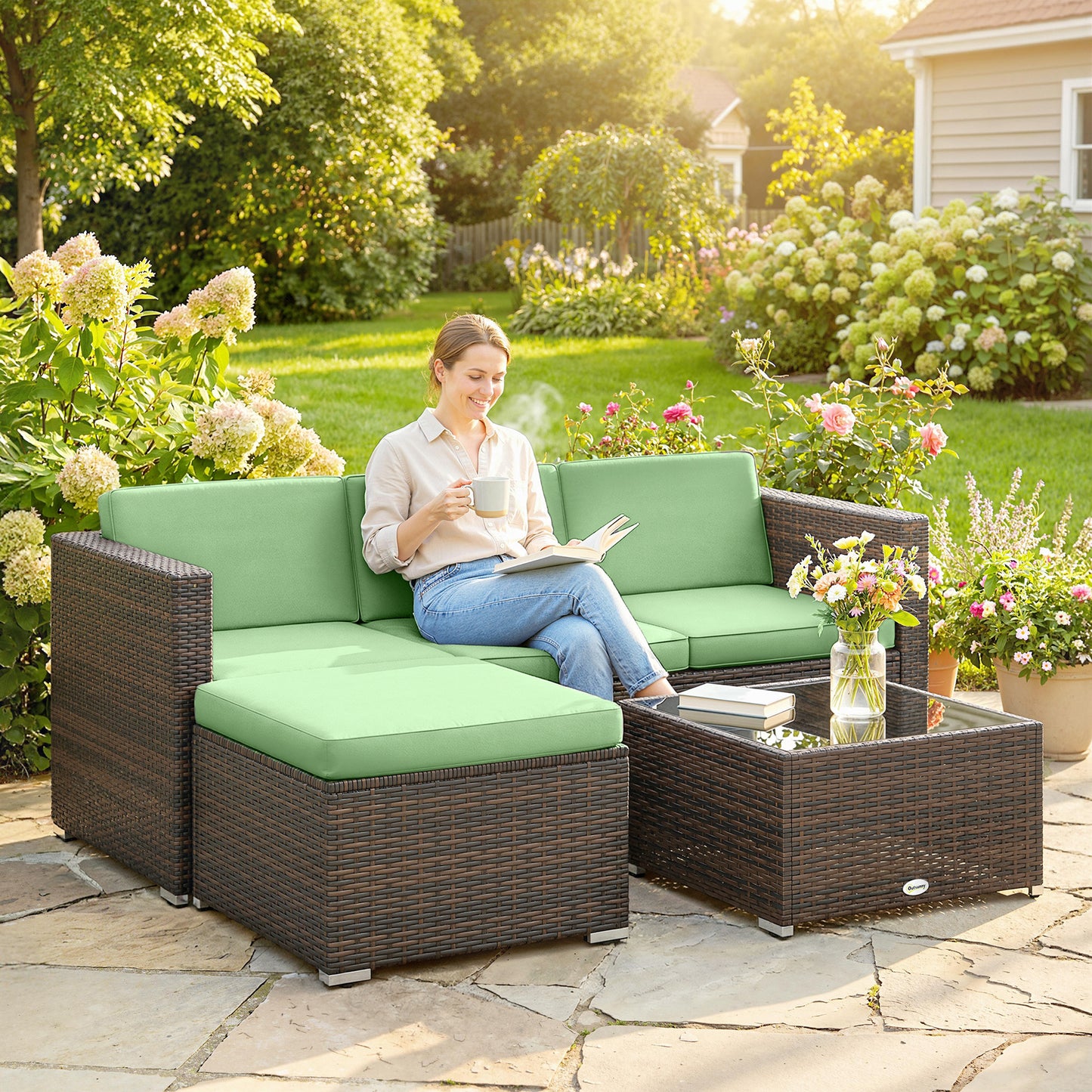 3 Pieces Patio Furniture Set with Cushions, Outdoor PE Rattan Wicker Conversation Corner Sofa Set, Light Green - Yellow