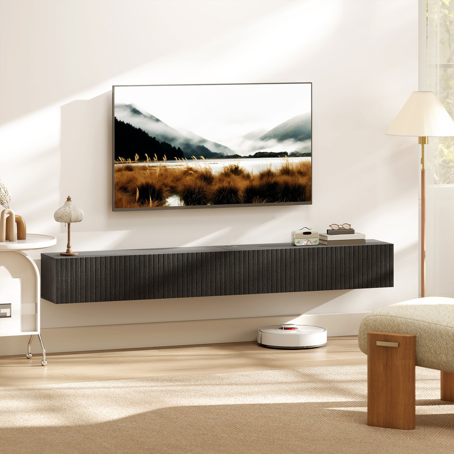 71" Floating TV Stand for TVs up to 72 Inch, Wall Mount Media Console with 2 Fluted Flip-Down Doors, Cable Hole, Black