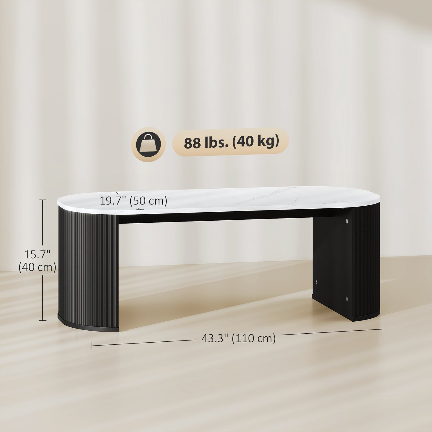 Coffee Table, Modern Marble-Effect Living Room Table with Round Corners and Thicken Legs, Black