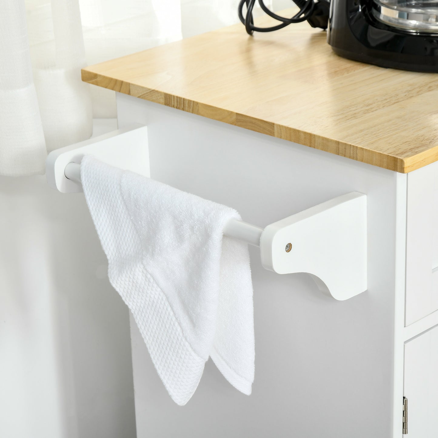 48" Kitchen Island with Storage and Solid Wood Top, Rolling Kitchen Cart on Wheels with 2 Storage Drawers, 3 Doors and Towel Rack for Dining Room, White