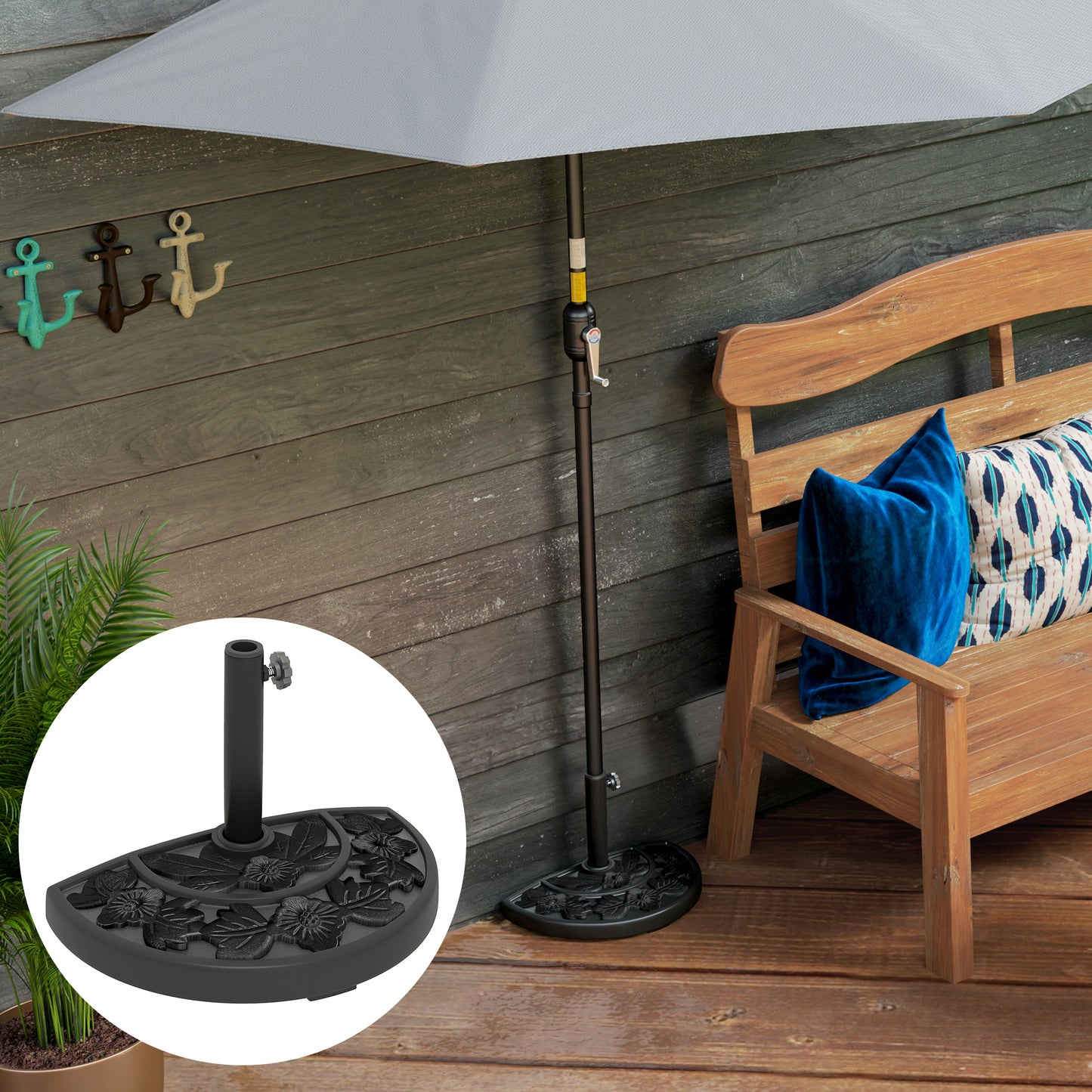 21 lbs Resin Half Umbrella Base, Concrete Half Umbrella Stand Outdoor Umbrella Base with Flower-Leaf Design, Patio Umbrella Stand for Outdoor Lawn Poolside, Black