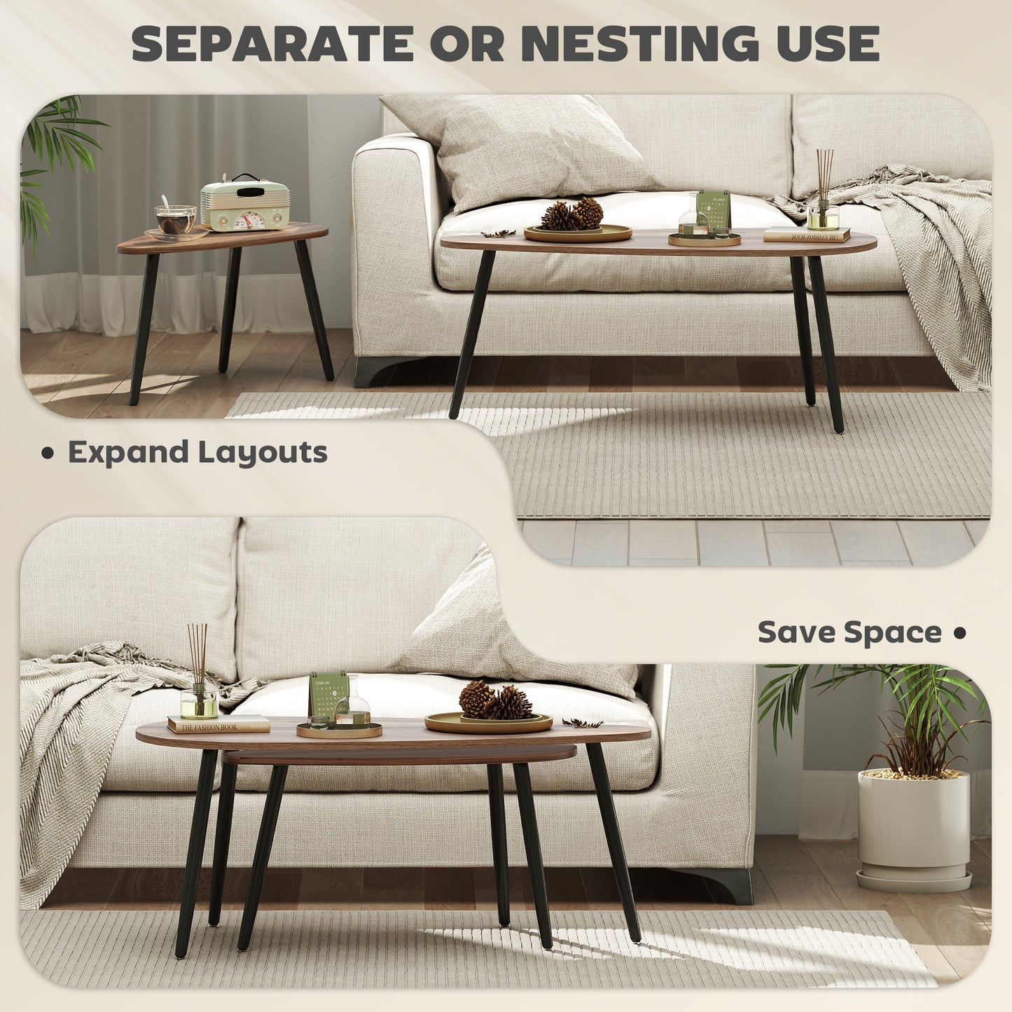2 Pieces Coffee Table Set for Living Room, Industrial Nest of Tables with Steel Legs, Brown