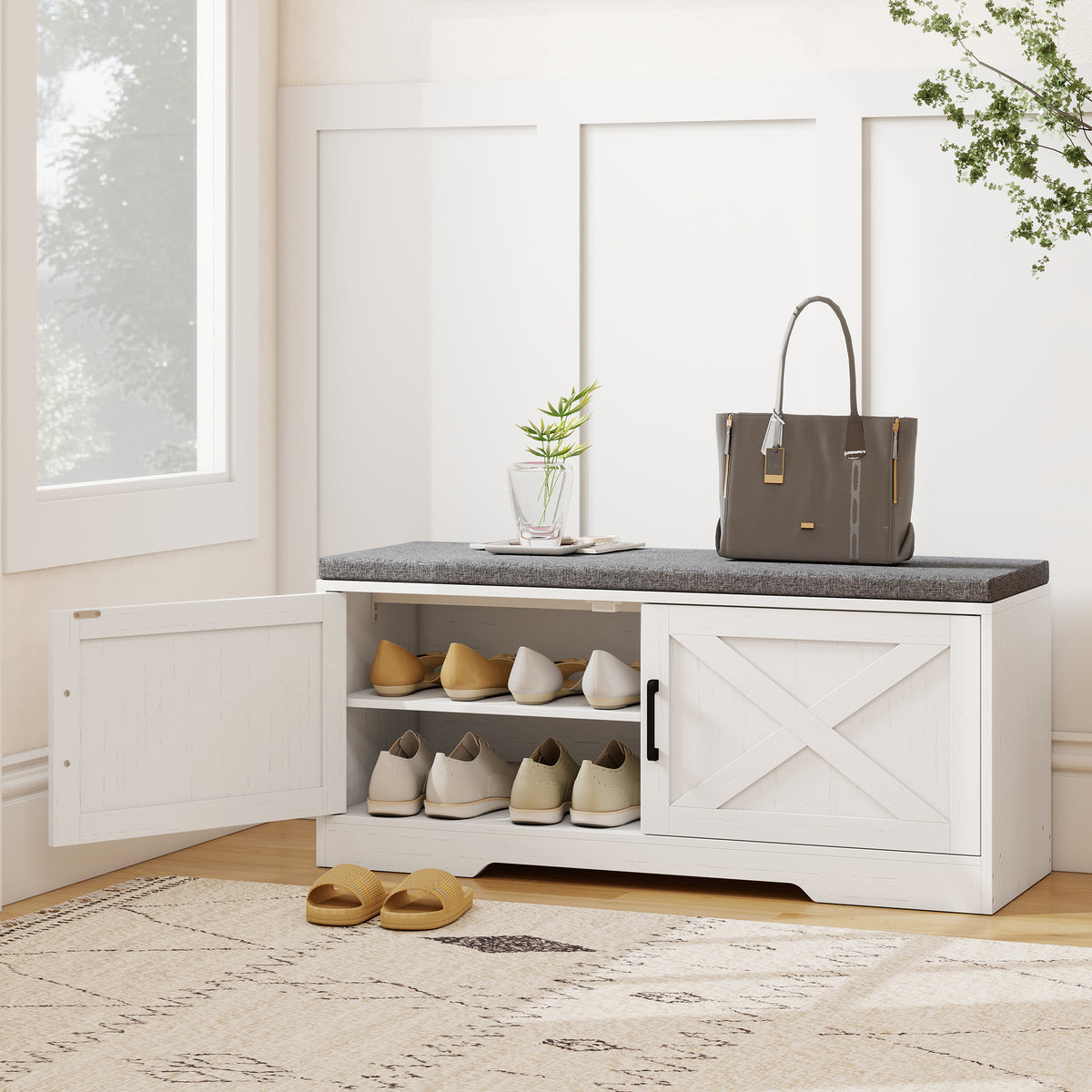 Shoe Bench with Cushion Shoe Storage Bench with Doors Adjustable Shelves for Entryway, White