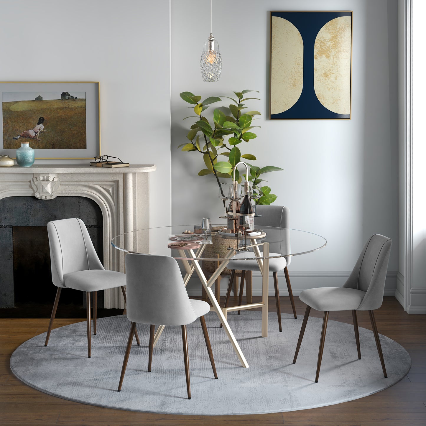 Upholstered Dining Chairs Set of 4, Velvet Accent Chair with Back and Wood-grain Steel Leg for Kitchen, Grey