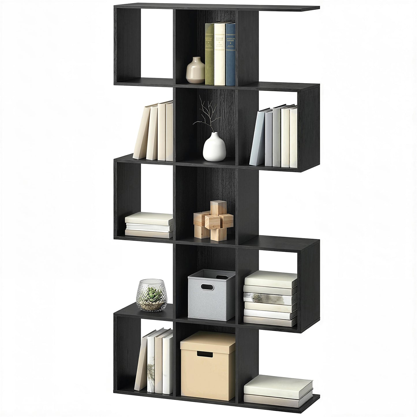 5-Tier Bookshelf, S Shaped Geometric Bookcase with 15 Compartments, Black Wood Grain