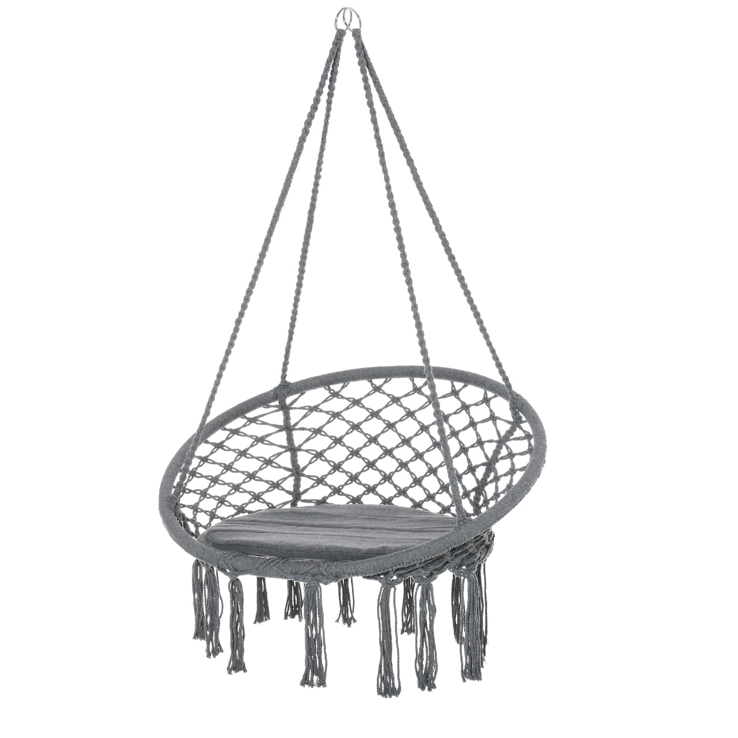 Patio Hammock Chair, Hanging Rope Hammock Swing for Indoor & Outdoor Use with Backrest, Cotton-Polyester Blend, Fringe Tassels, Dark Grey