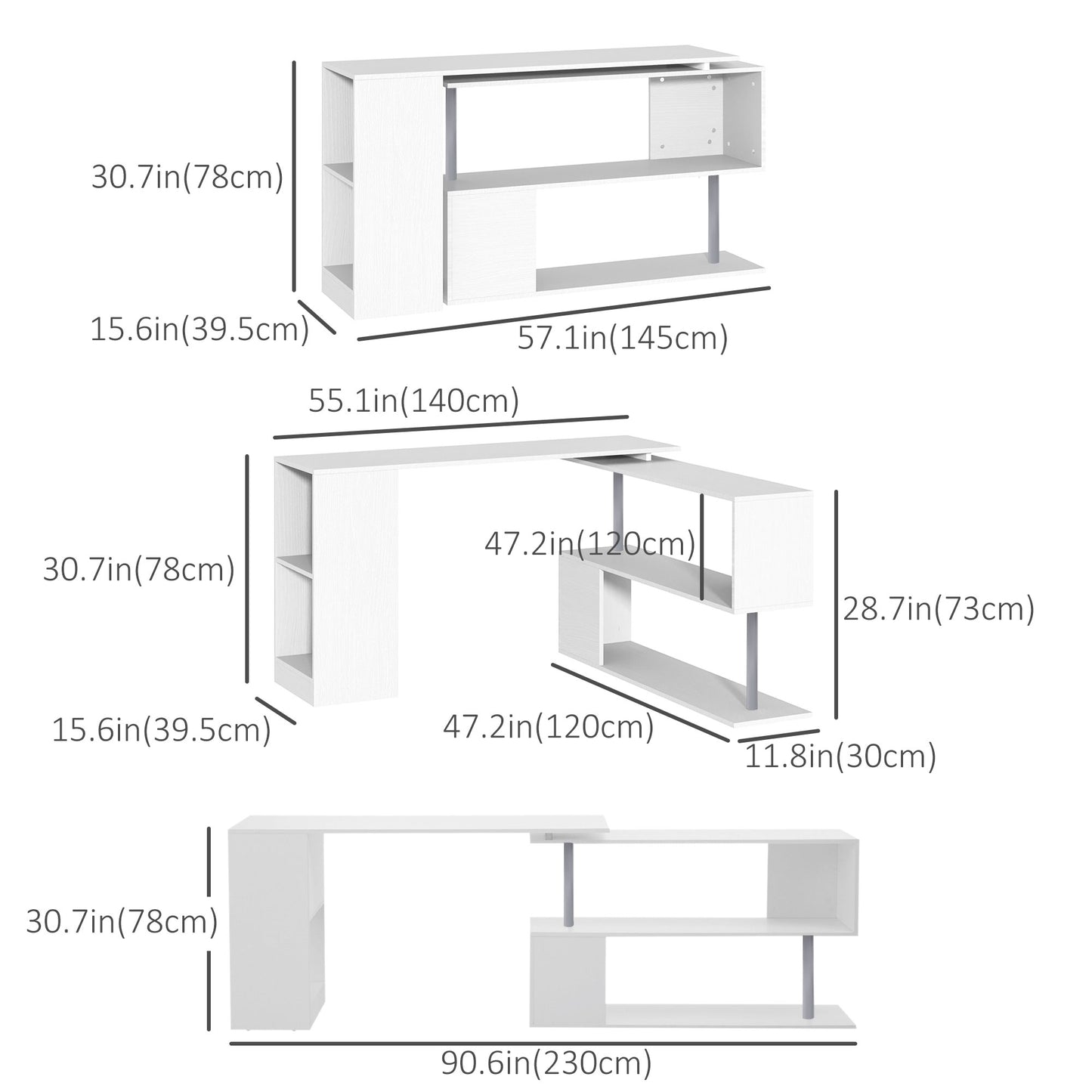 55" Corner Computer Desk, 360° Rotating L-Shaped Desk, Home Office Workstation with 3-Tier Shelves, White