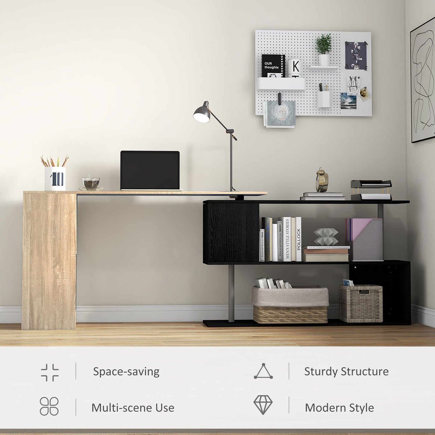 55" Corner Computer Desk, 360° Rotating L-Shaped Desk, Home Office Workstation with 3-Tier Shelves