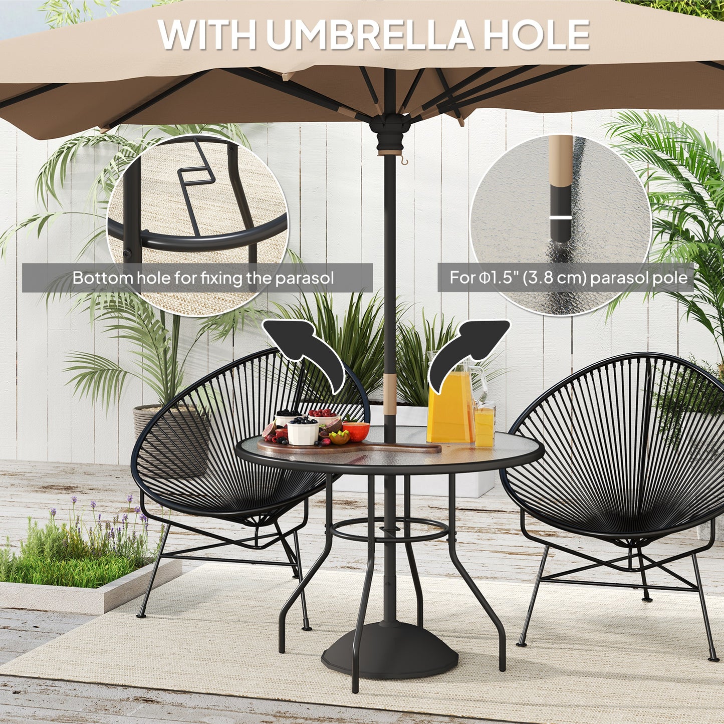39.4" Round Outdoor Dining Table Coffee Side Bistro Table with Umbrella Hole, Glass Top, Steel Frame for Garden, Patio