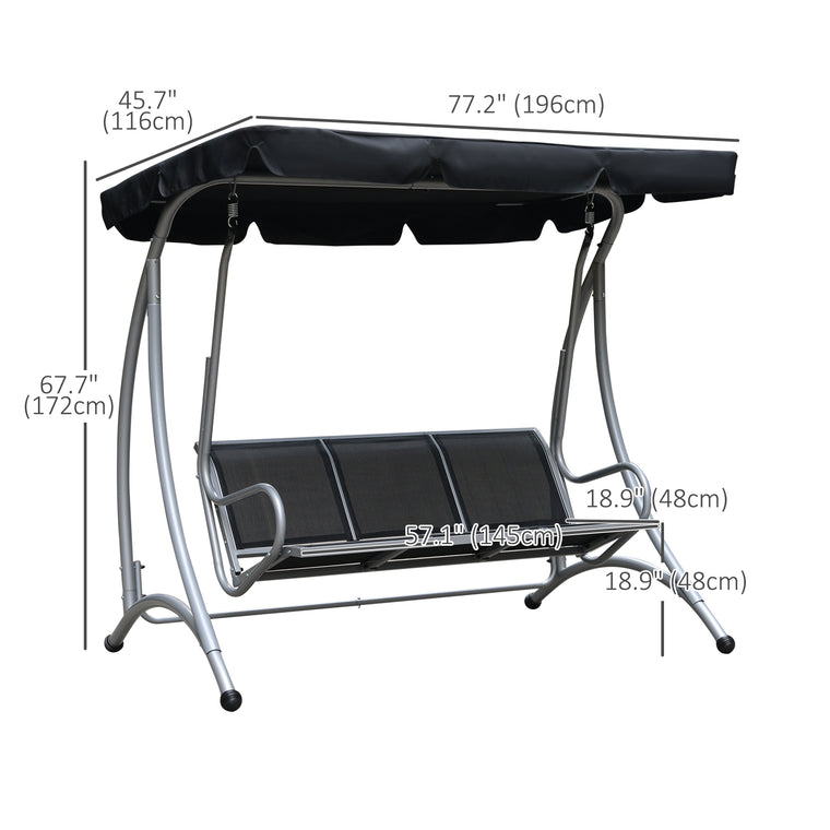 Black 3-Seater Outdoor Swing Bench with Adjustable Canopy