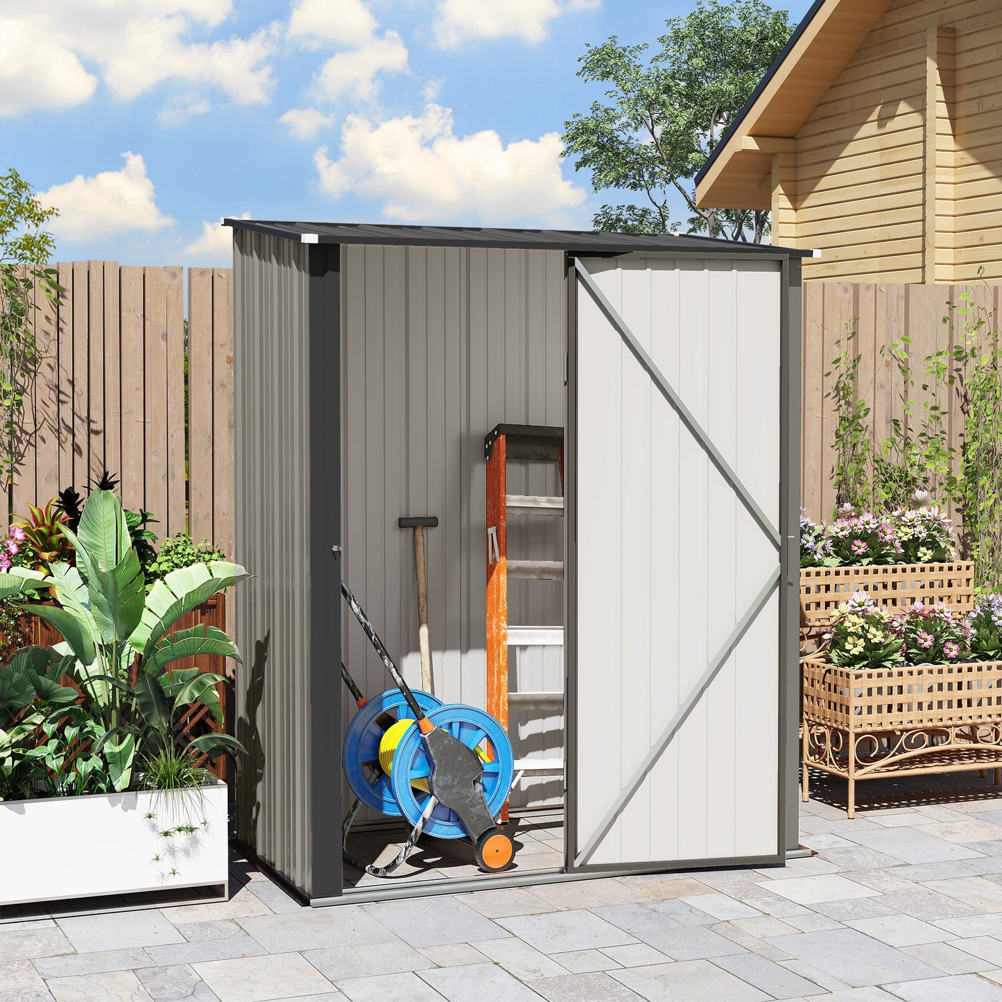 5' x 3' Outdoor Storage Shed, Steel Garden Shed with Single Lockable Door, Tool Storage Shed for Backyard, Grey