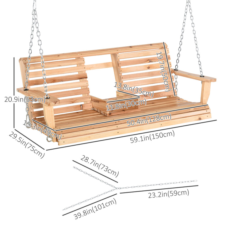 3-Seater Wood Porch Swing with Foldable Table & Cup Holders