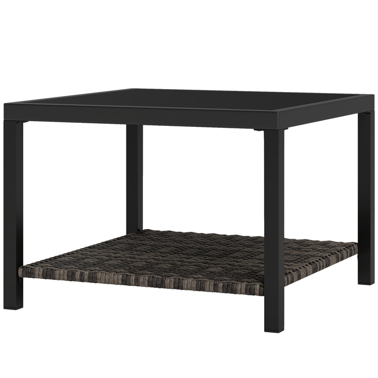 23.6" Rattan End Table with Glass Top and Storage Shelf