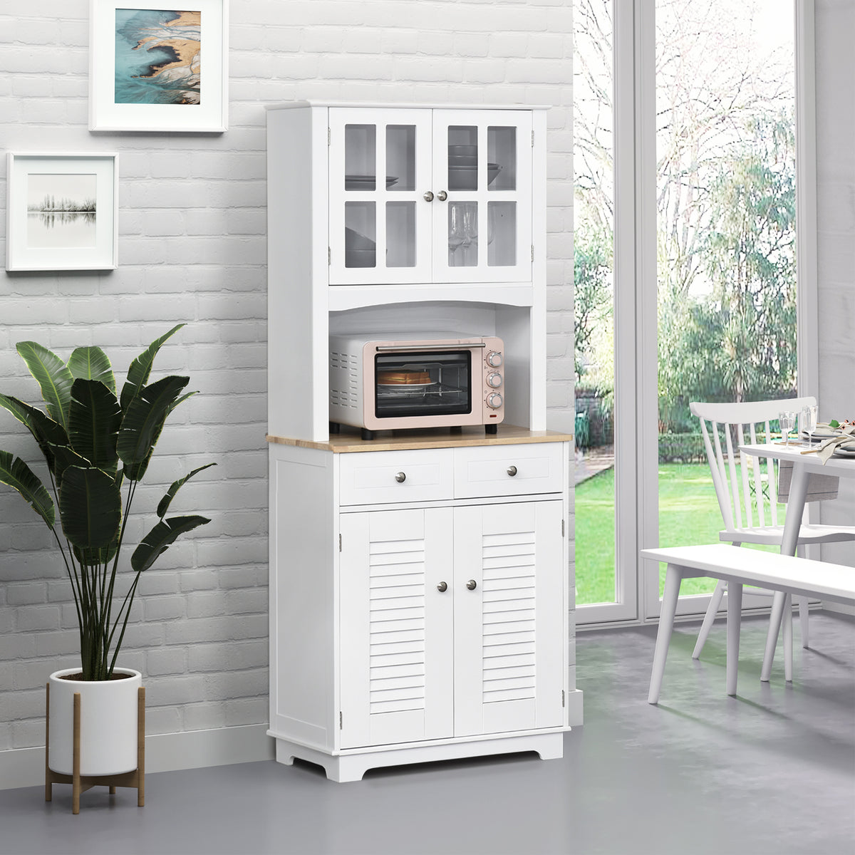 Coastal Style Kitchen Buffet and Hutch Wooden Storage Cupboard with Framed Glass Door LouveredCabinet Drawers Microwave Space for Dining Room Living Room White