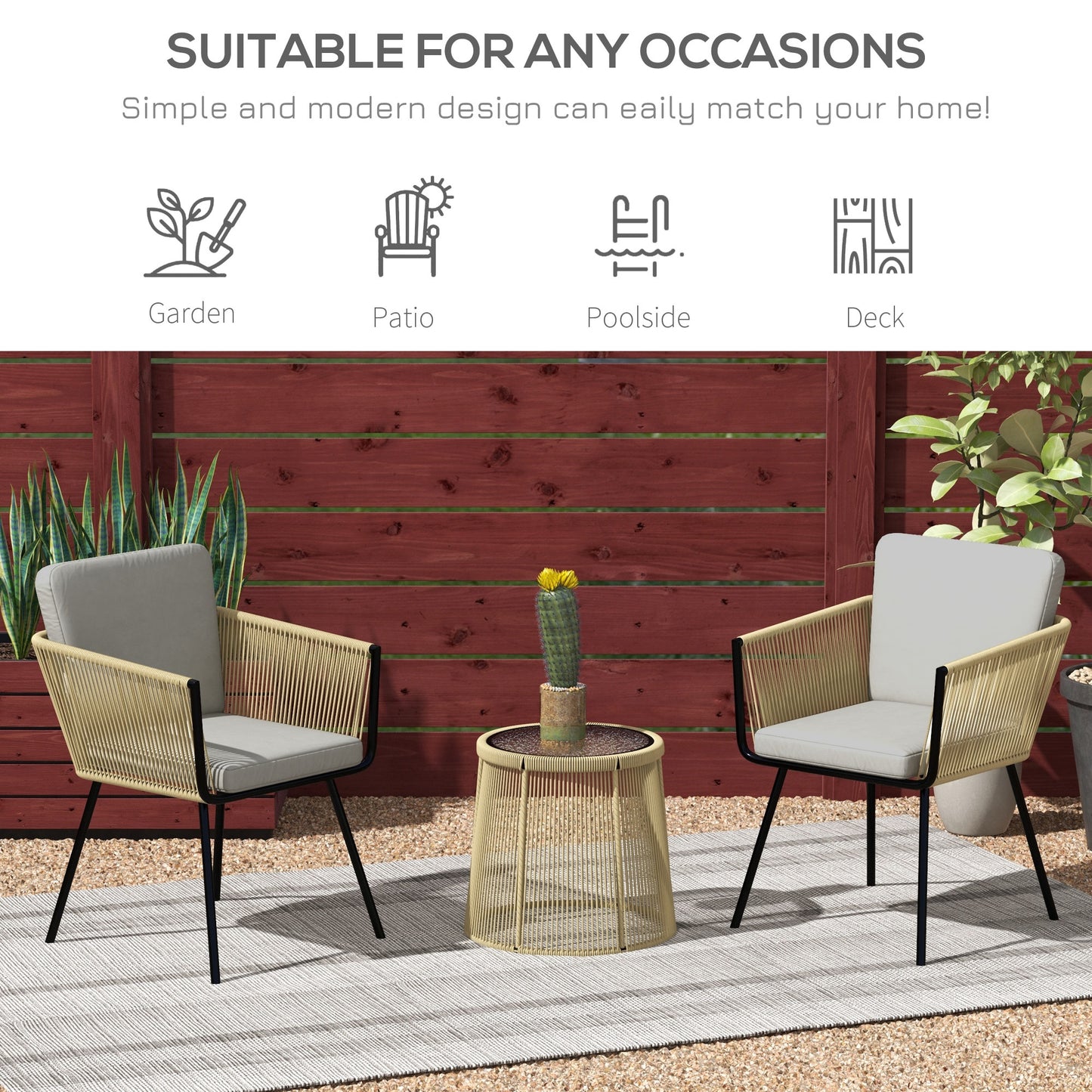 3 Piece Outdoor Patio Bistro Set, Wicker Rattan Furniture with Metal Legs for Garden, Backyard, Light Grey