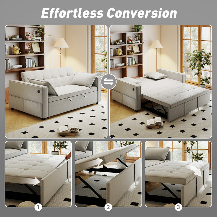 Convertible Sofa Bed with Pull-Out Sleeper and USB