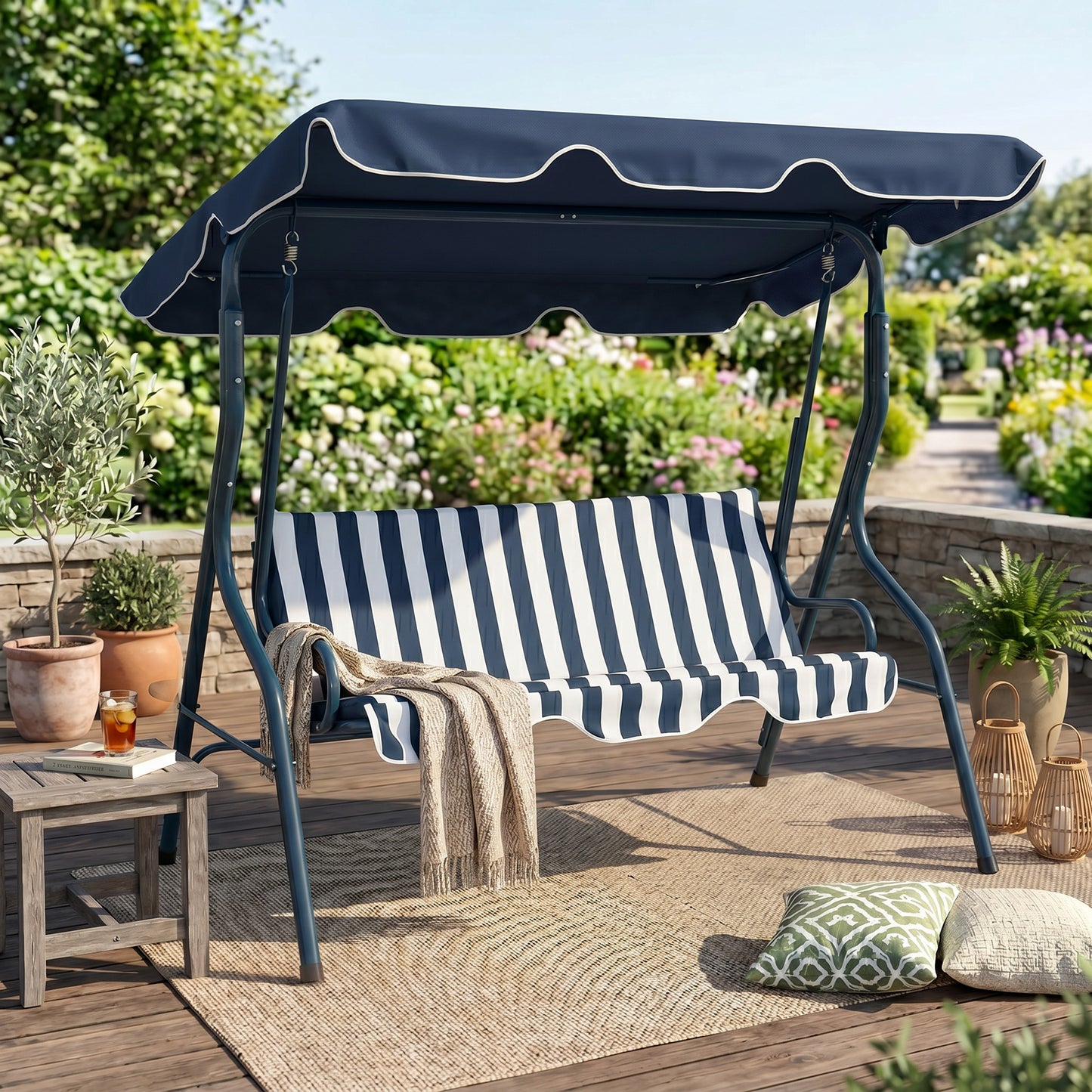 Outdoor Porch Swing with Adjustable Canopy, 3-Seater Patio Swing Chair with Cushion, Black