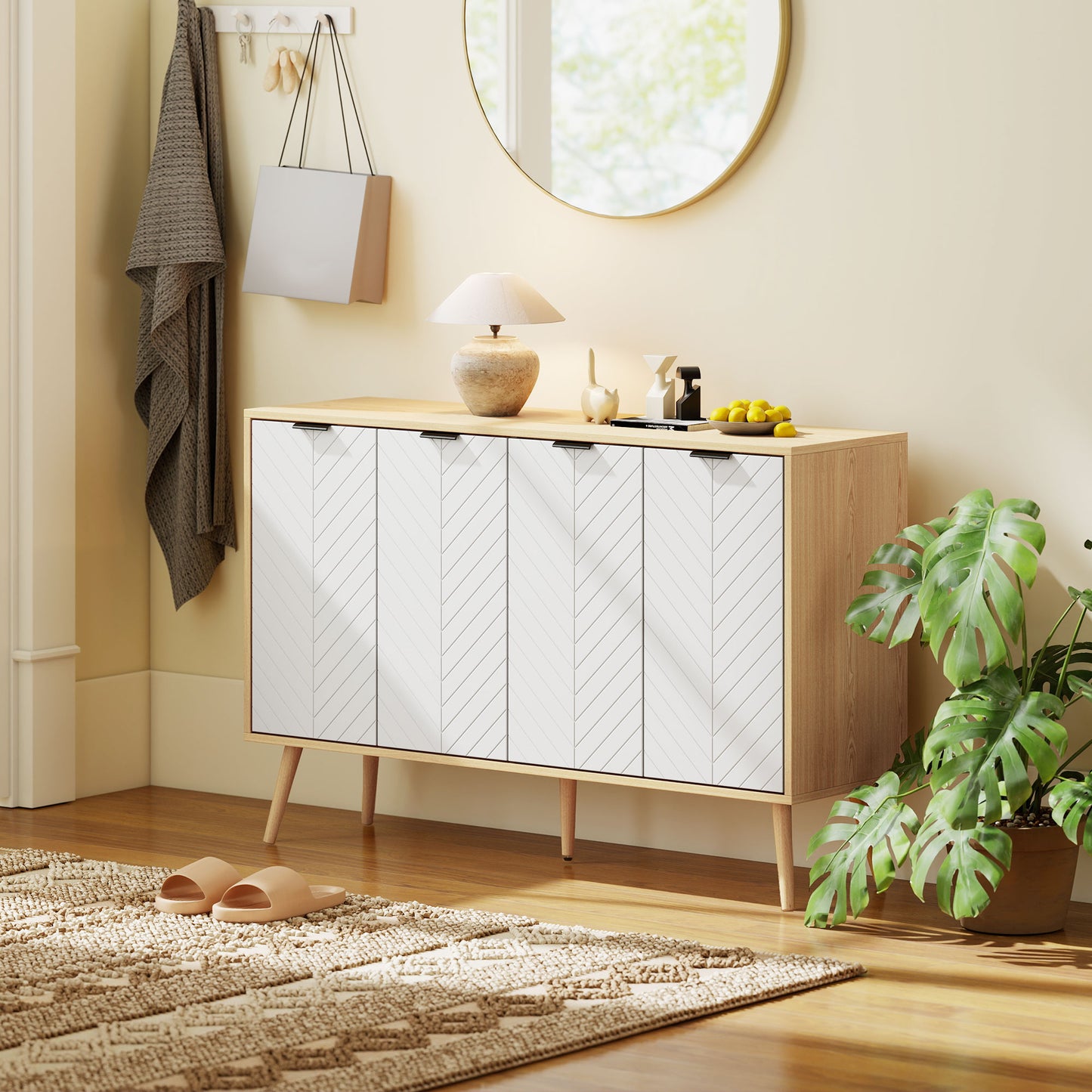 Modern Sideboard and Buffet, Dining Room Cabinet with Adjustable Shelves and 4 Doors, Natural