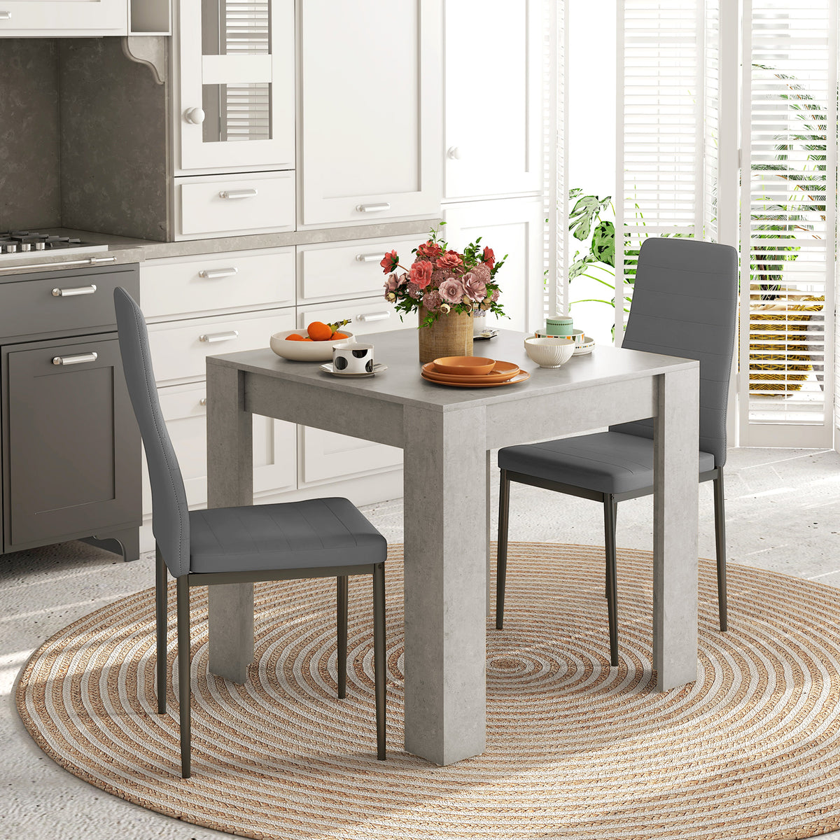 Dining Table Set for 2, Square Kitchen Table and Chairs, Dining Room Table and PU Leather Upholstered Chairs, Grey
