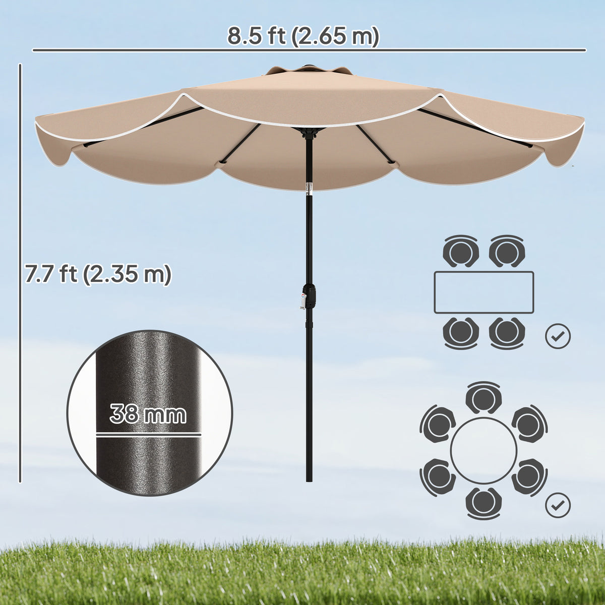 9' x 9' Khaki Round Market Umbrella with Valance & Tilt Crank