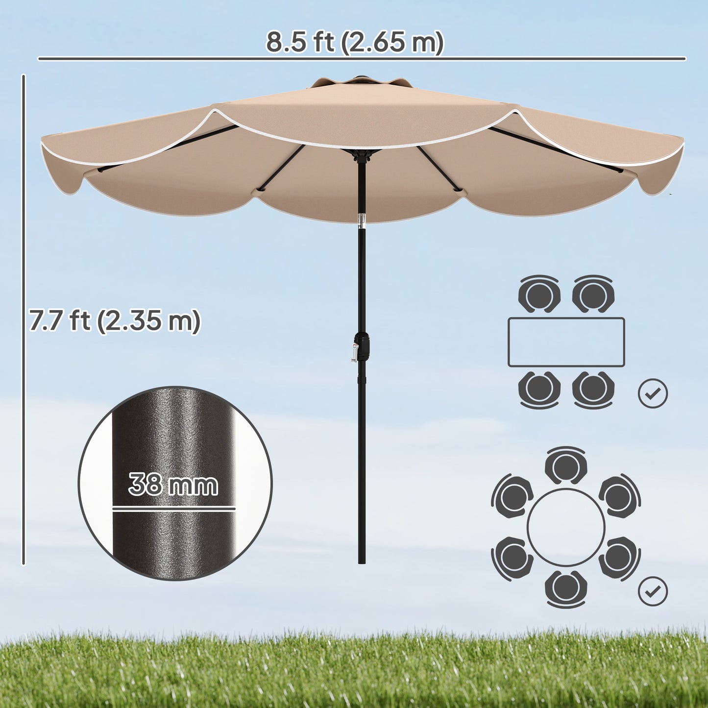 9' x 9' Khaki Round Market Umbrella with Valance & Tilt Crank