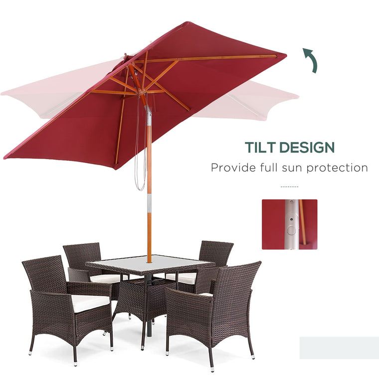 6.6x5ft Wine Red Wooden Market Parasol with Tilt Mechanism