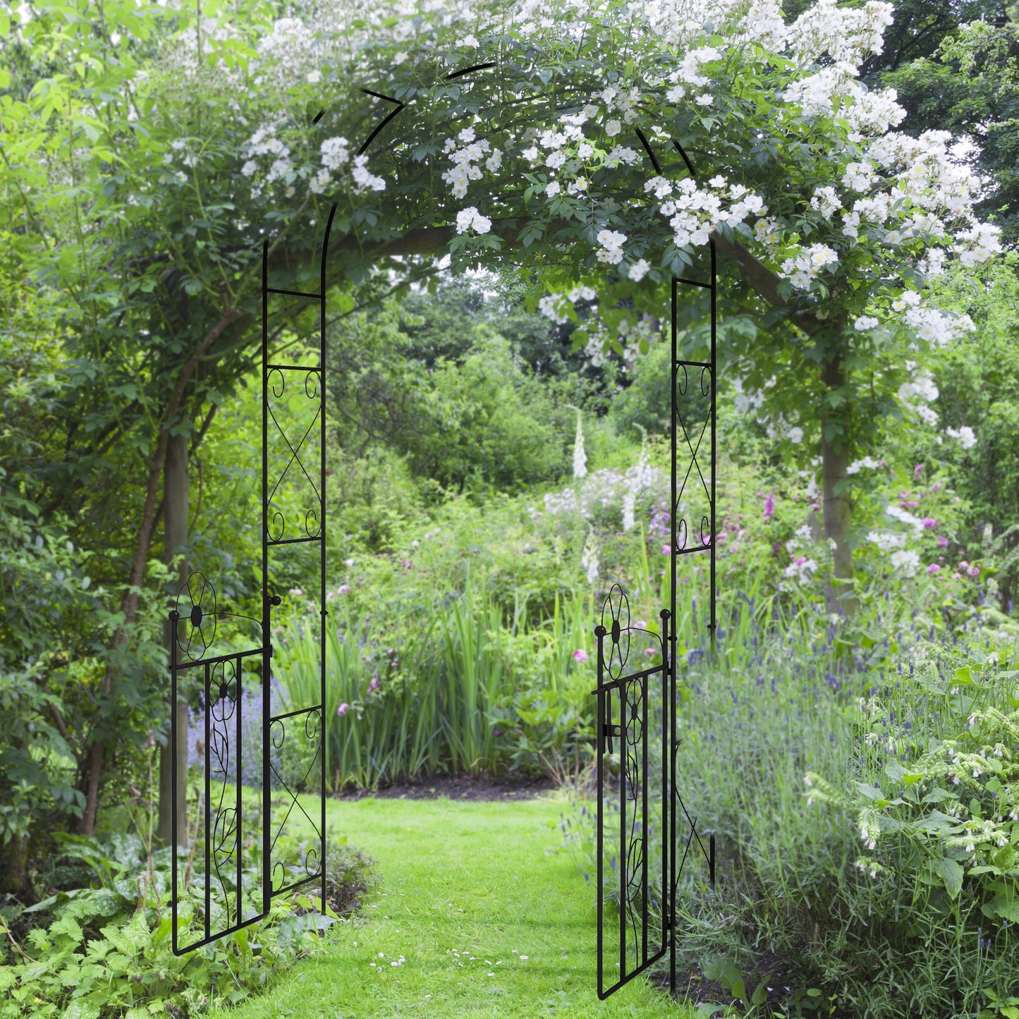 7.5FT Metal Garden Arbour with Double Gate, Arch Trellis for Climbing Vine Plants, Outdoor Wedding, Decoration, Black