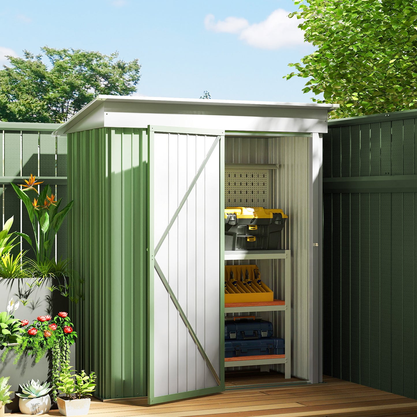 Outdoor Storage Shed, Steel Lean-to Shed with Adjustable Shelf, Lock, Gloves, 5'x3'x6', Green