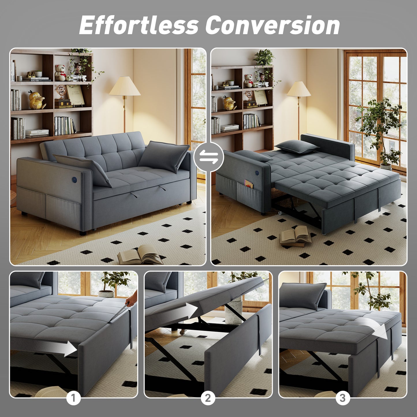 3-in-1 Convertible Sofa Bed, Pull-Out Sleeper Sofa with USB Charging, Adjustable Backrest and Side Pockets, Dark Grey