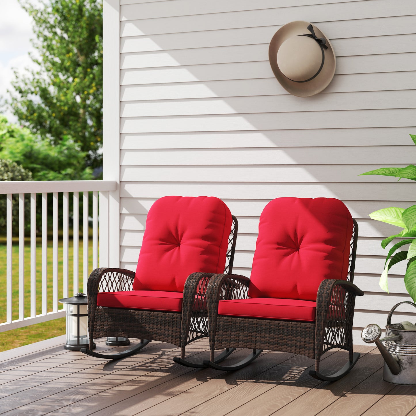 Outdoor Wicker Rattan Rocking Chair Set of 2, Patio Rocker with Thick Cushions for Garden Backyard Porch, Red