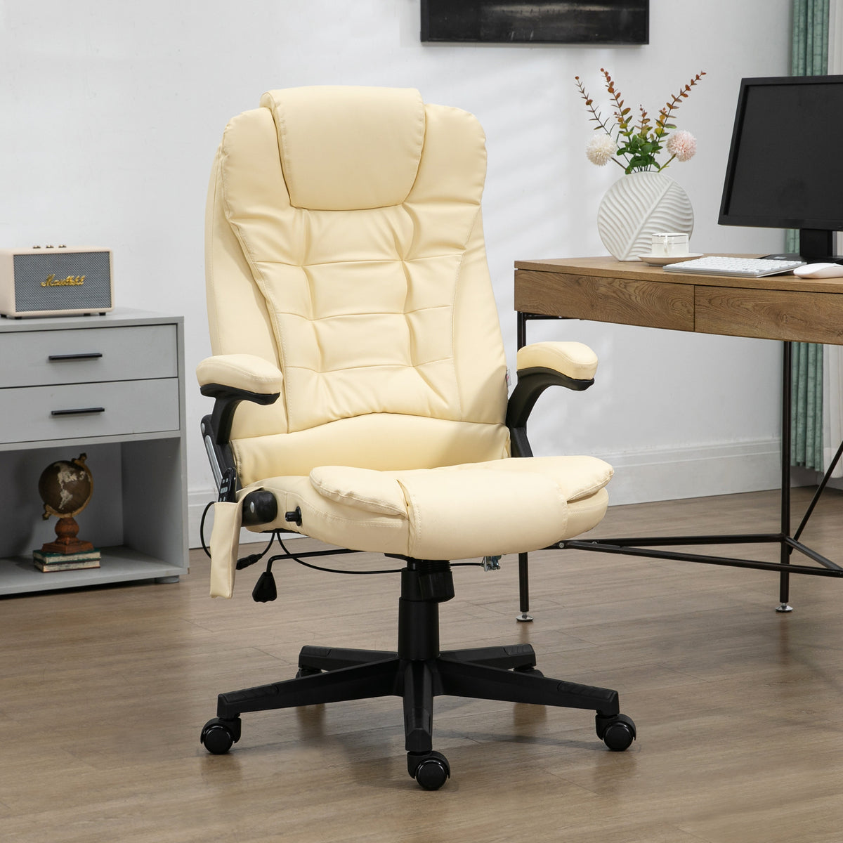 Heated Massage Office Chair, Ergonomic High Back Swivel Executive Chair with Vibration, Leather, Beige