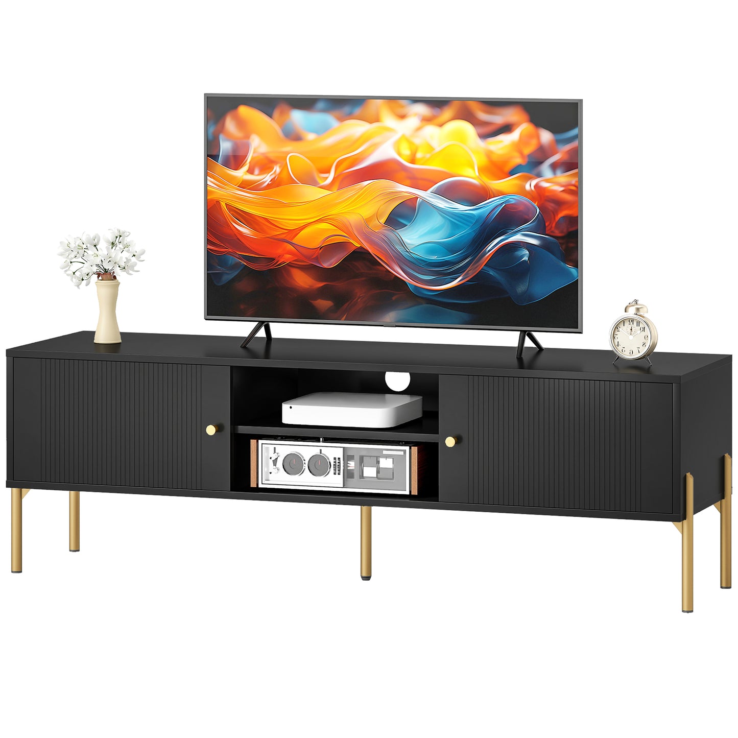 TV Stand for TVs up to 65", Entertainment Center with 2 Open Shelves, 2 Cabinets and Steel Legs for Living Room, Black