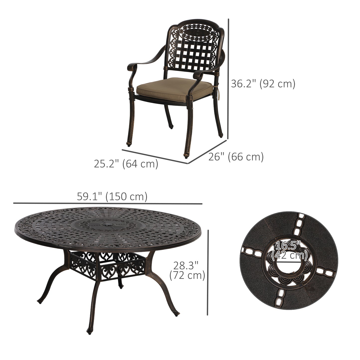 7 Pieces Outdoor Dining Set for 6, Aluminum Patio Table and Chairs Furniture Set with Umbrella Hole, Cushions, Bronze