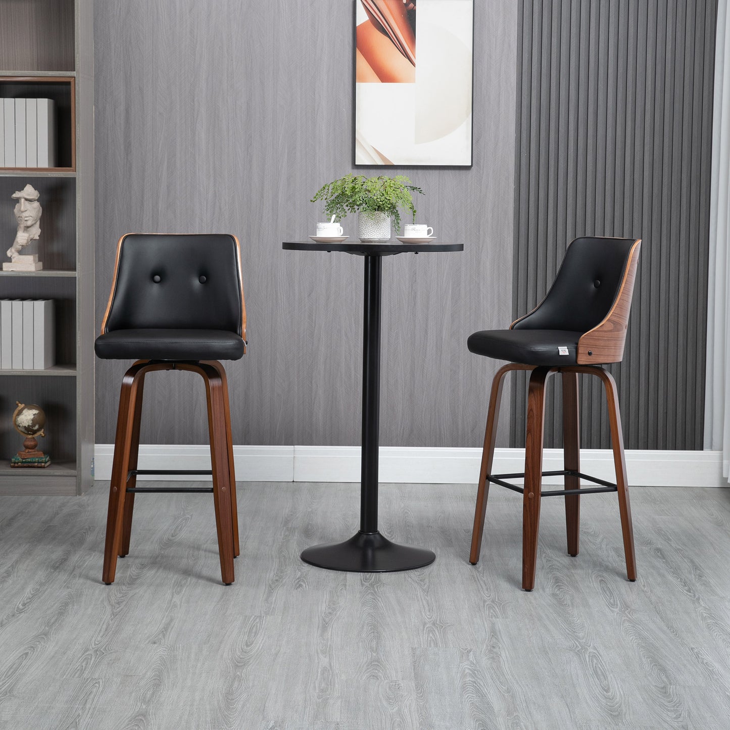 Bar Height Bar Stools Set of 2, PU Leather Upholstered Swivel Barstools with Solid Wood Legs Footrest and Tufted Back, Black