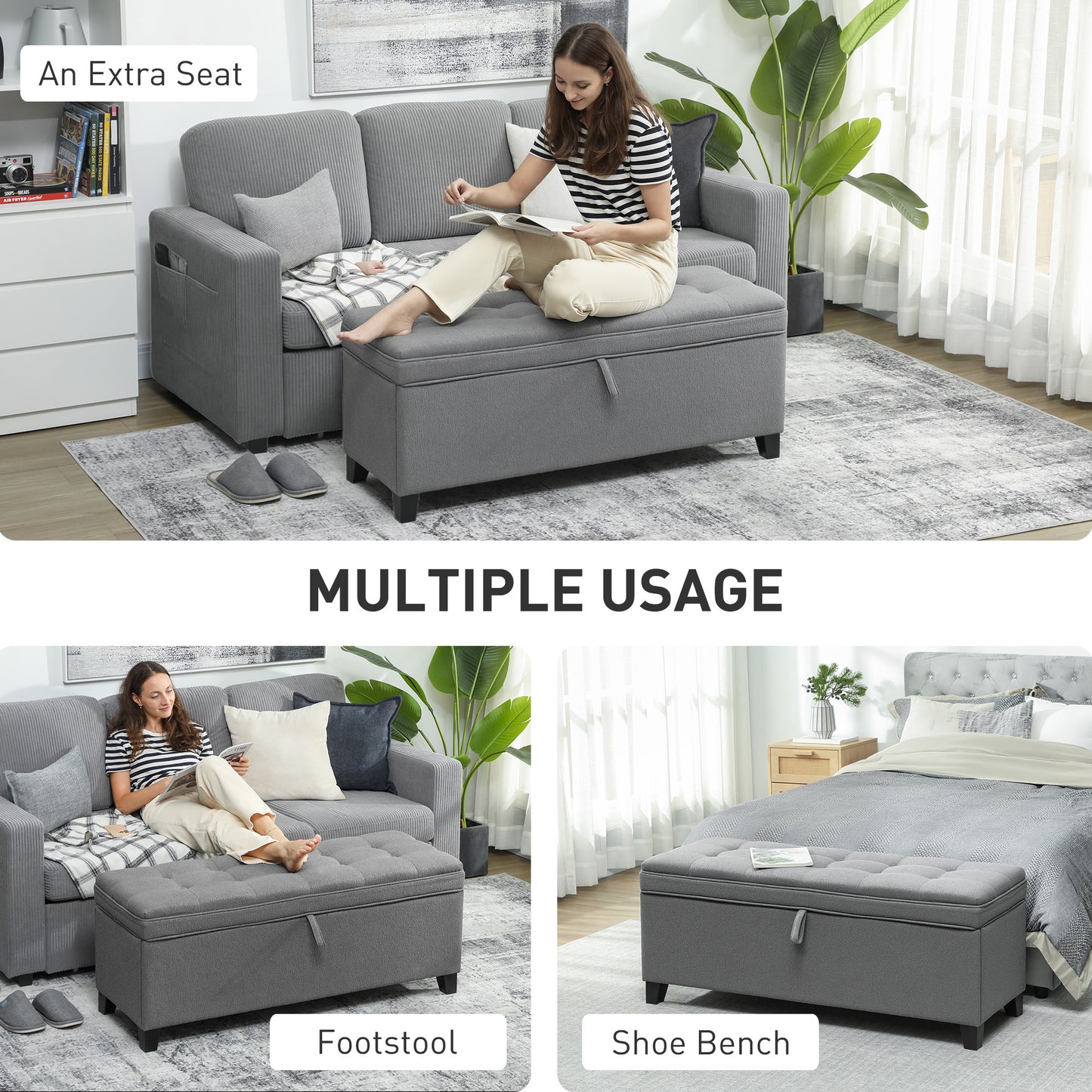 Storage Ottoman Bench, Foot Rest with Safety Hinges, 47 Inches Linen Storage Chest for Living Room, Dark Grey