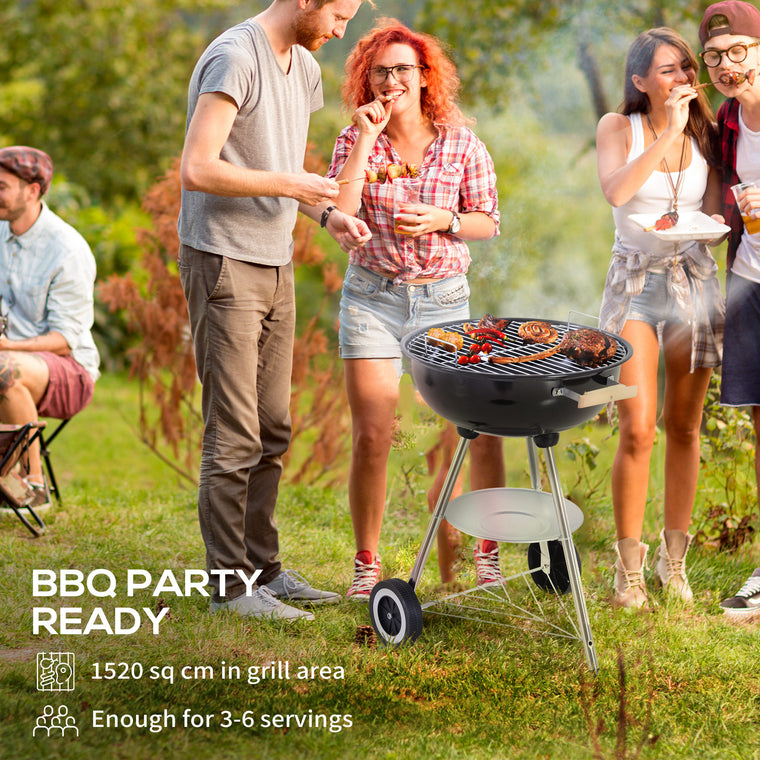 Black Portable Steel Charcoal BBQ Grill with Lid & Storage Shelf