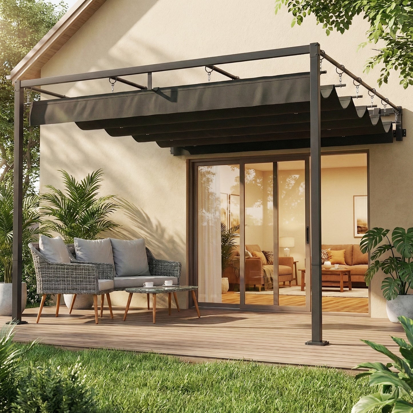 10' x 10' Retractable Pergola Canopy, Wall-Mounted Pergola, Outdoor Sun Shade Shelter for Garden, Balcony, Dark Grey