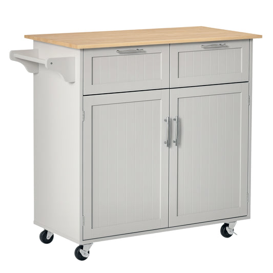 Rolling Kitchen Island with 2 Drawers and Towel Rack - Grey