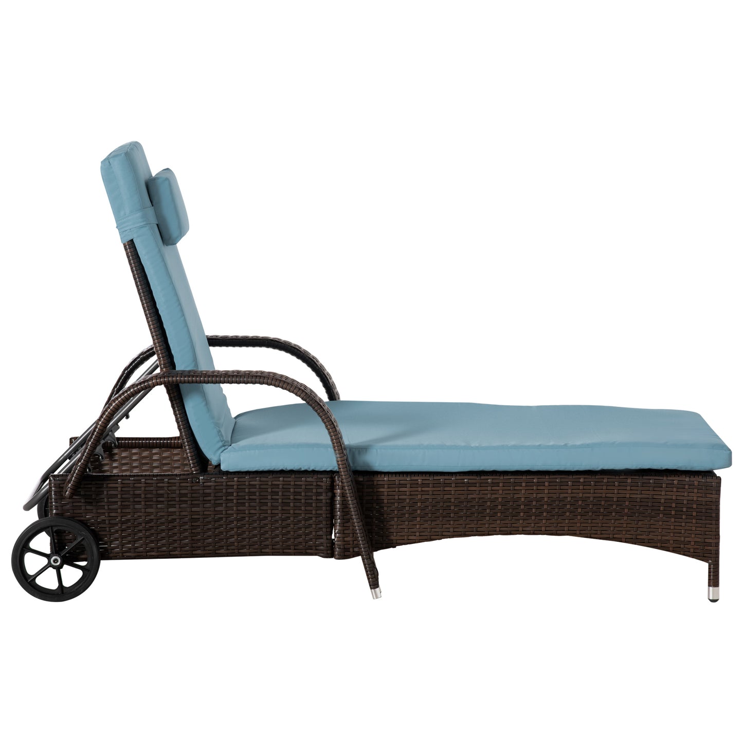 3 Pieces Wicker Patio Lounger Set with Table, Rattan Outdoor Lounge Chair Set with Cushions, Wheels, 5-Level Reclining Backrest, Headrest, Brown/Grey