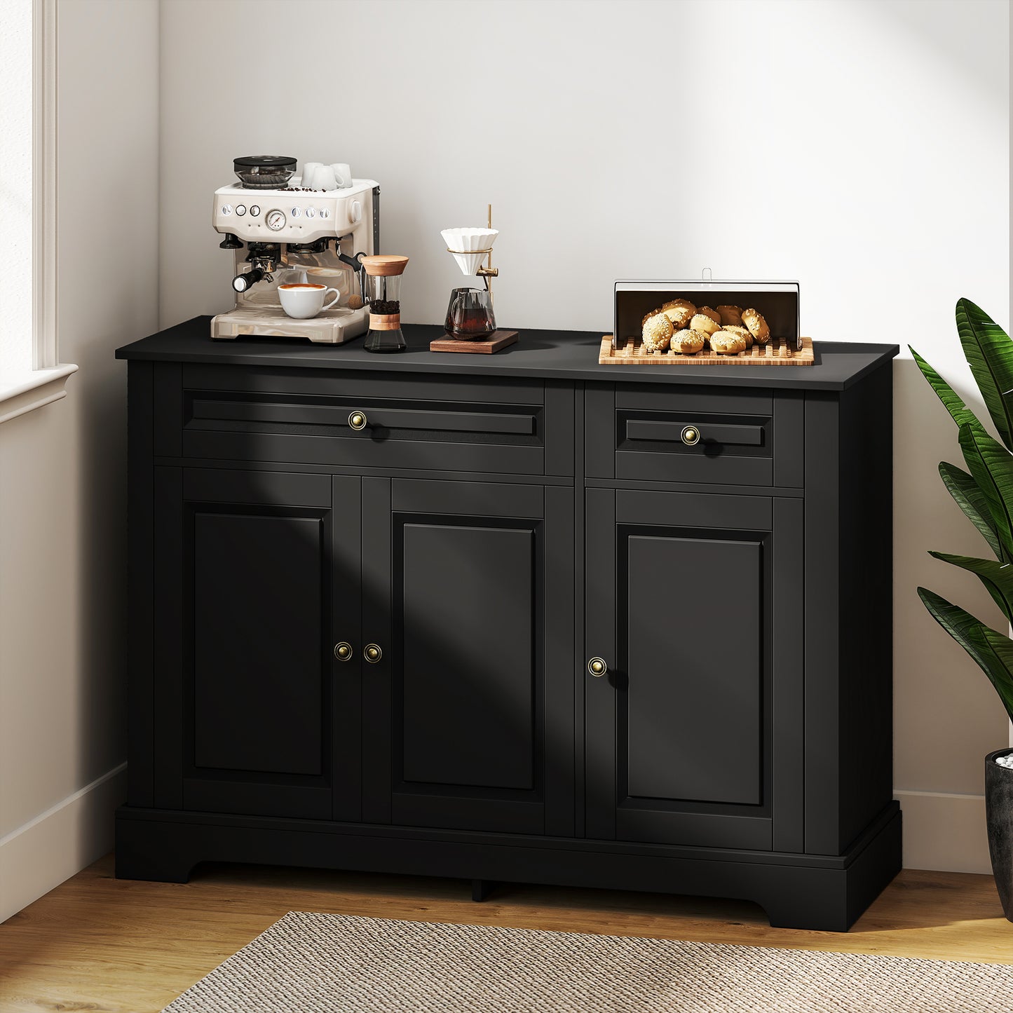 Modern Sideboard Cabinet, Buffet Cabinet with 2 Drawers and Adjustable Shelves, Buffets Tables for Dining Room, Black