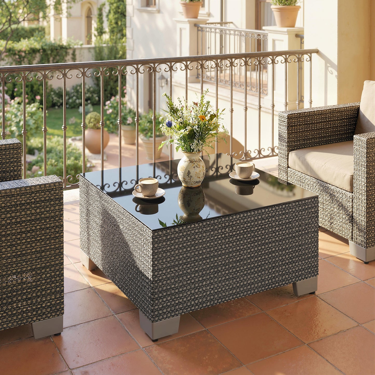 21.7" Square Patio Table, Small Outdoor Patio Coffee Side End Table with Tempered Glass Top, Black