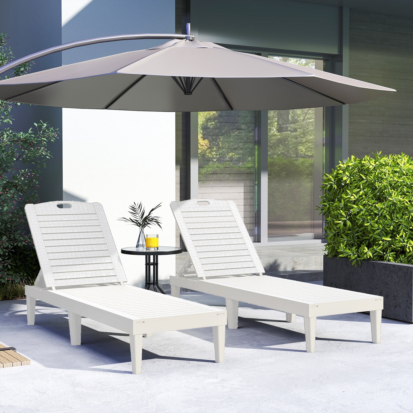 Outdoor Lounge Chair Set of 2, Waterproof Resin Lounge Chairs with 4-Position Adjustable Backrest for Backyard, White