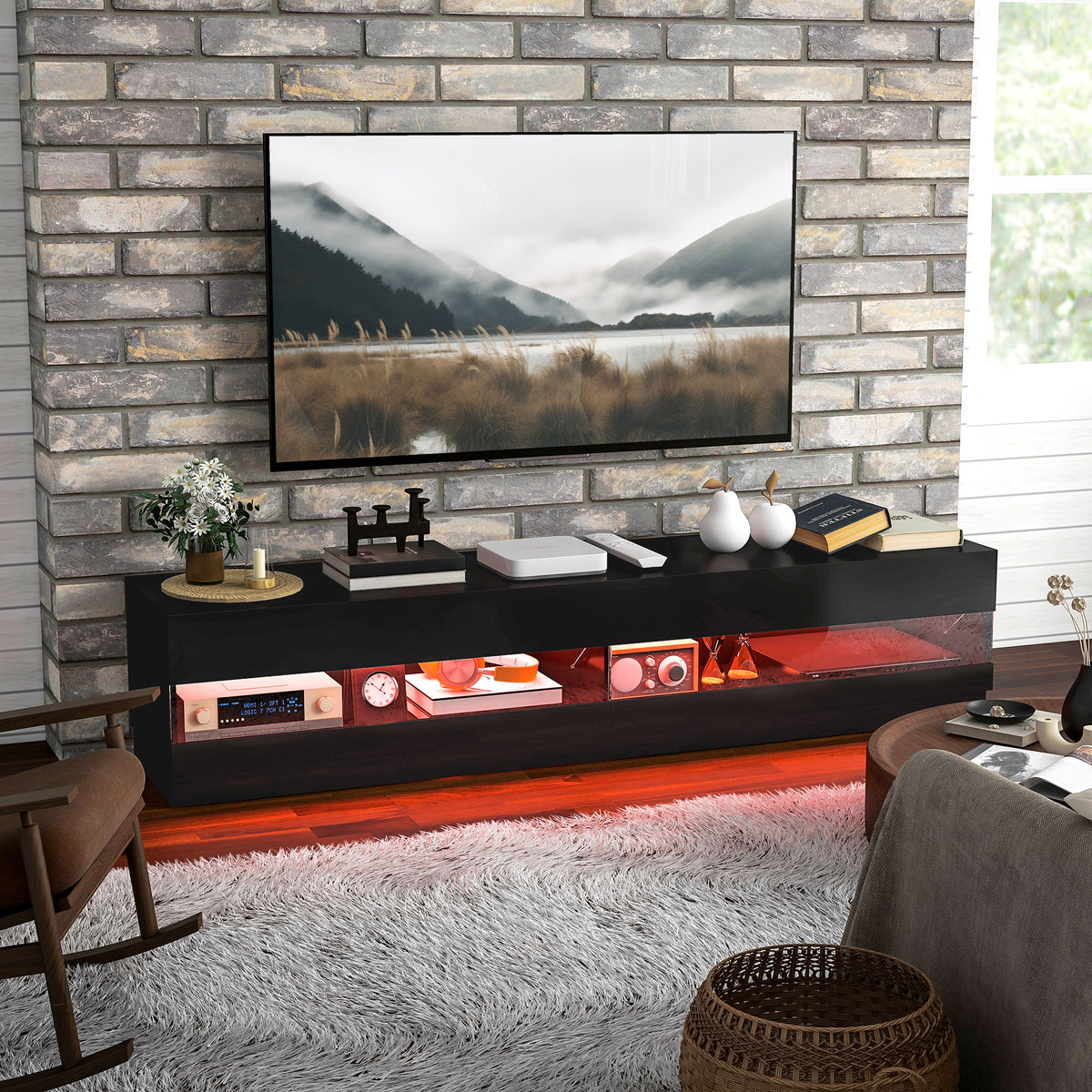 Lighted TV Stand for TVs up to 75", TV Cabinet with Storage for Living Room, High Gloss Black