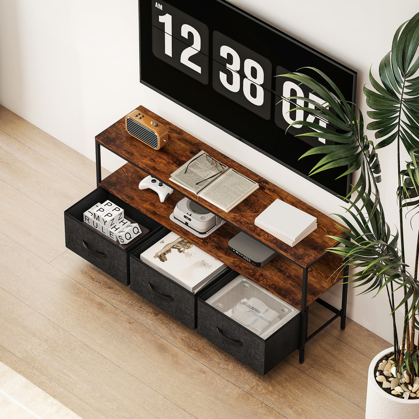 TV Stand with Charging Station, TV Table with 3 Foldable Linen Drawers and Open Shelf for 55 Inch Television, Rustic Brown
