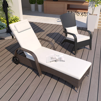 Wicker Chaise Lounge, Outdoor Lounge Chair, PE Rattan Patio Sun lounger with Head-rest, 5-Level Height Adjust Backrest, Cushion, & Wheels, Mixed Grey and Grey - Brown
