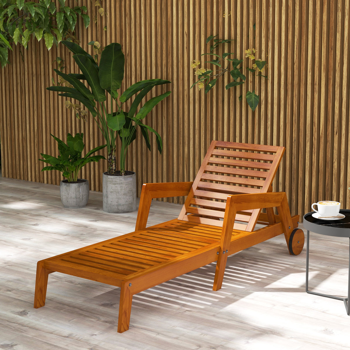 Wood Lounge Chair Outdoor Tanning Chair with Wheels, 3-Position Adjustable Backrest and Armrests, Orange