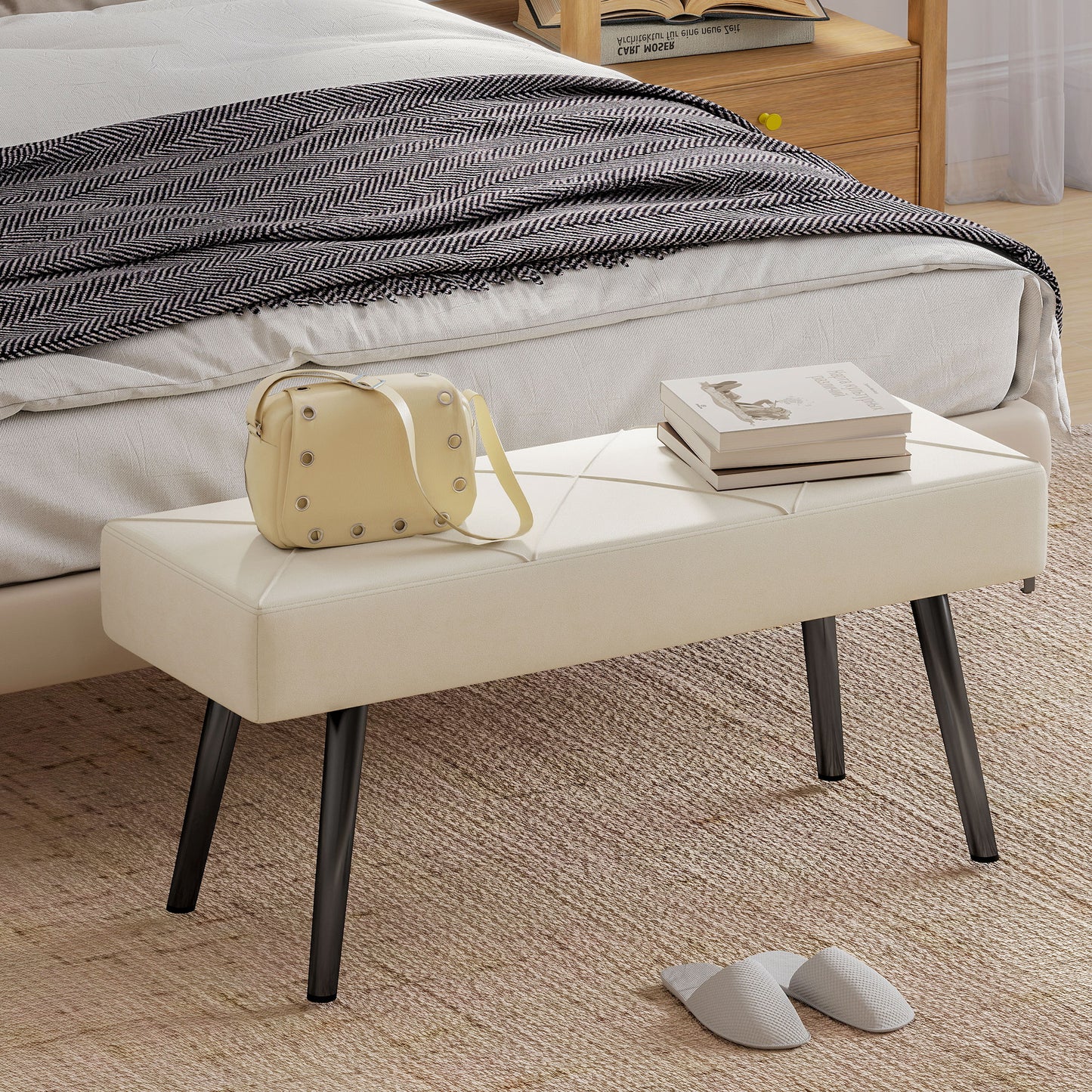 39 Inches Upholstered Bedroom Bench, Modern End of Bed Bench with Steel Legs, Cream White