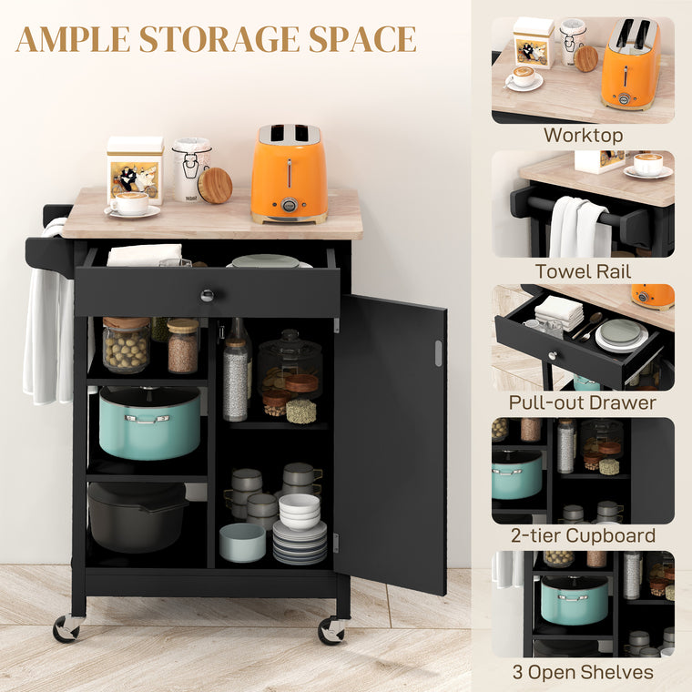 Rolling Kitchen Island Cart with Wood Top - Black